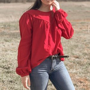 red cotton gauze babydoll blouse